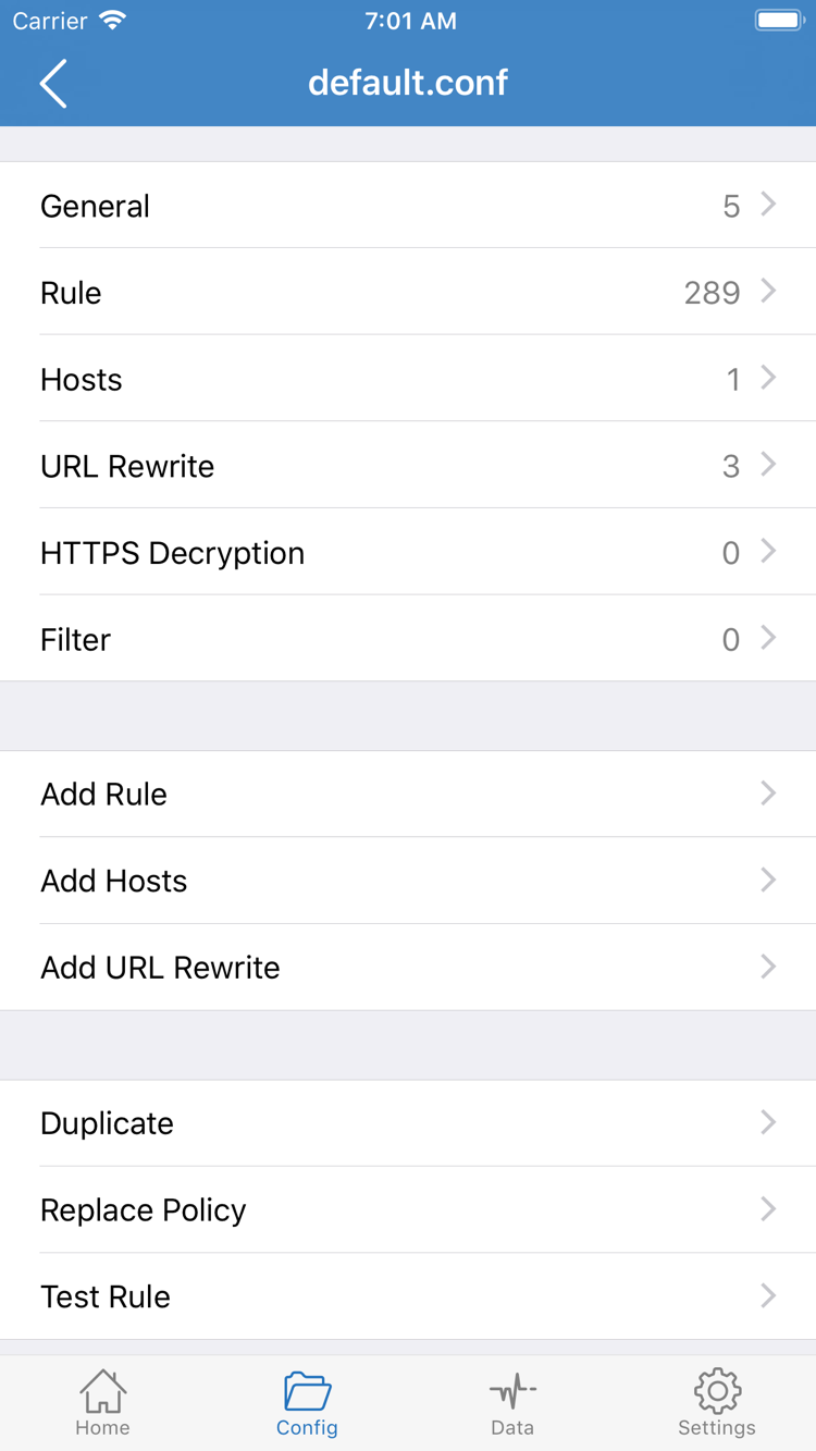 Shadowrocket 官方 Config 编辑页面，显示 General、Rule、Hosts、URL Rewrite、HTTPS Decryption 与 Add Rule